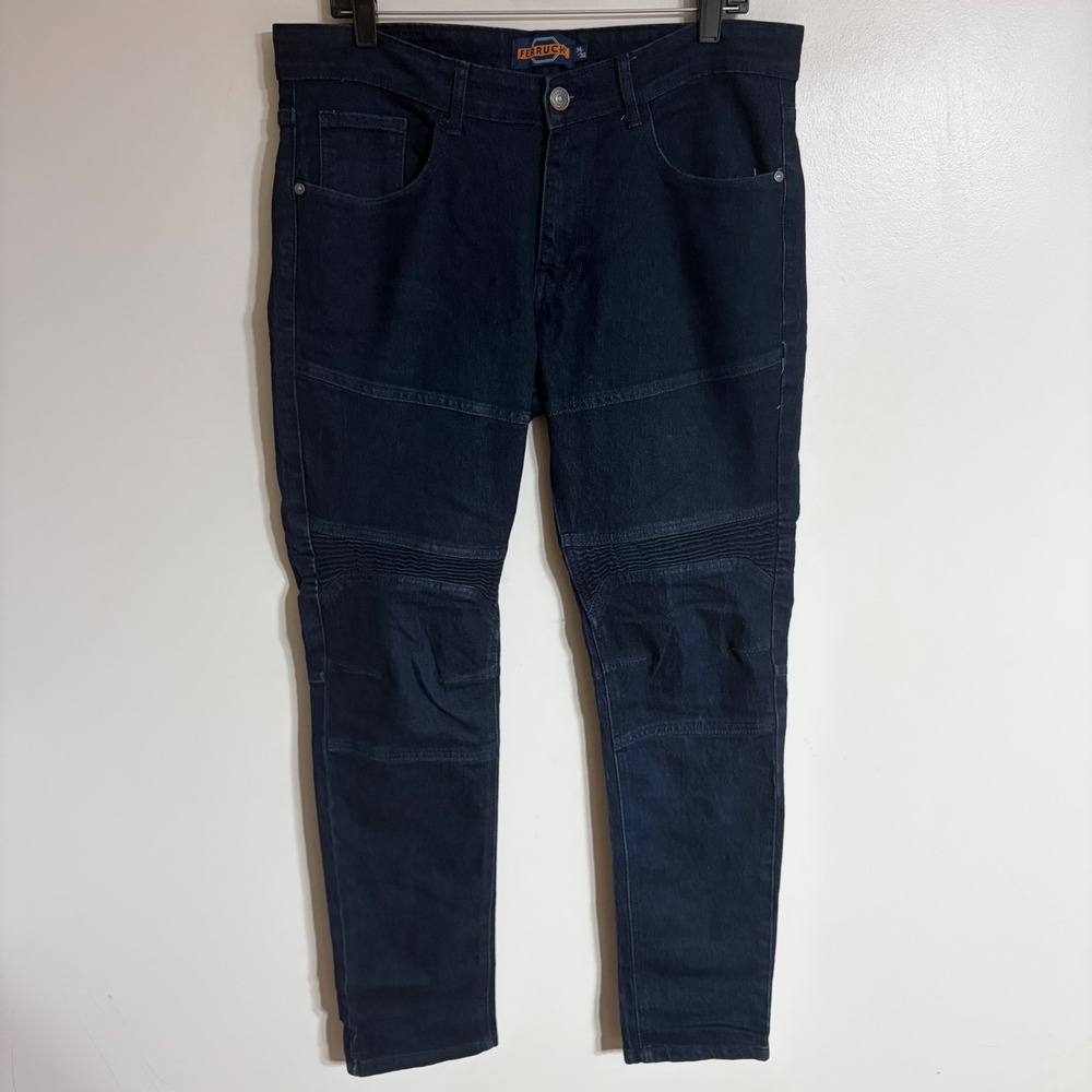 Ferruche Mens Skinny Fit Moto Jeans Dark Wash Ribbed Knee Stretch 34x32